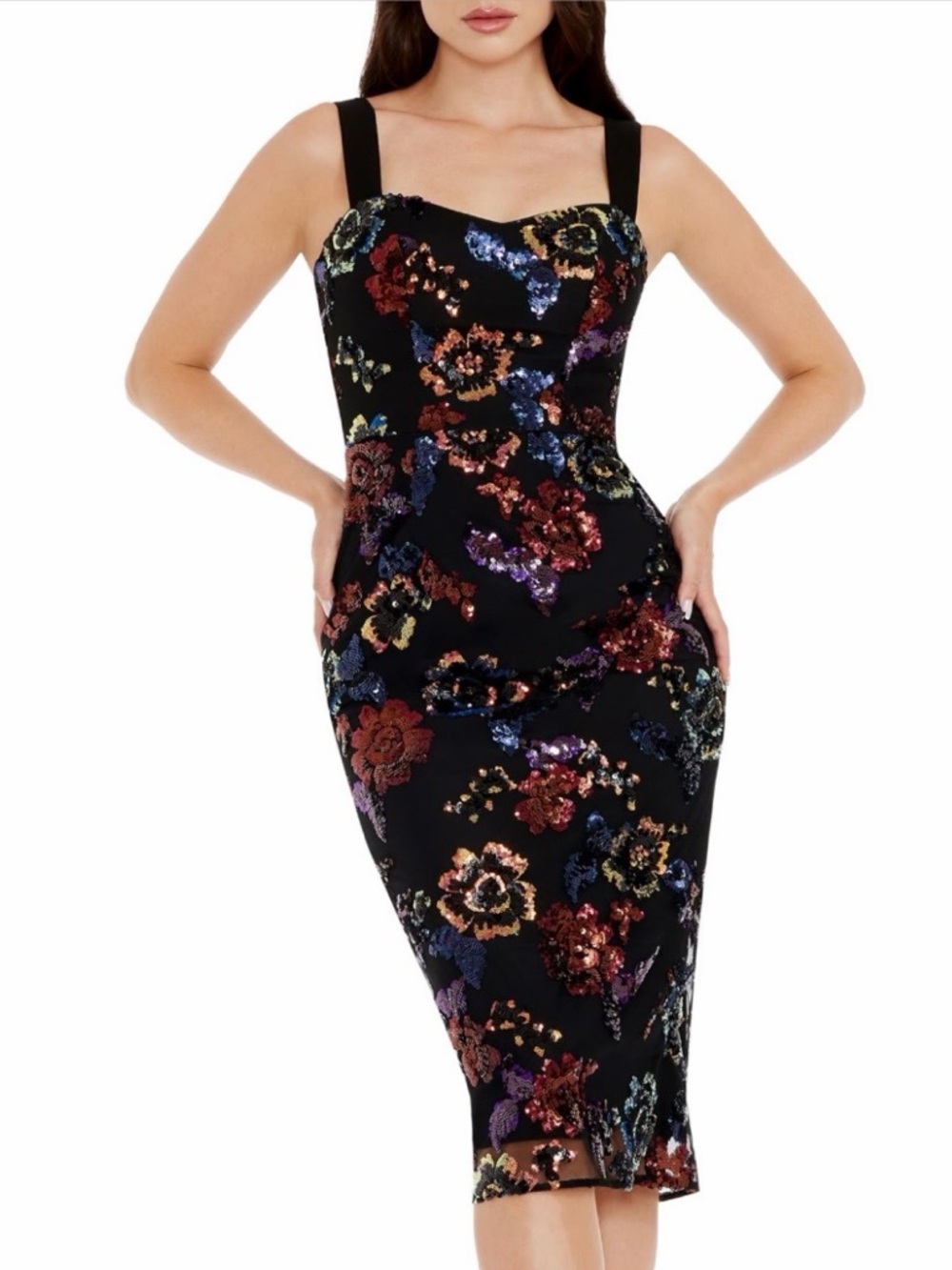 🆕 Dress The Population Sequin Floral Midi Dress XXS Black Multicolor Strap Party